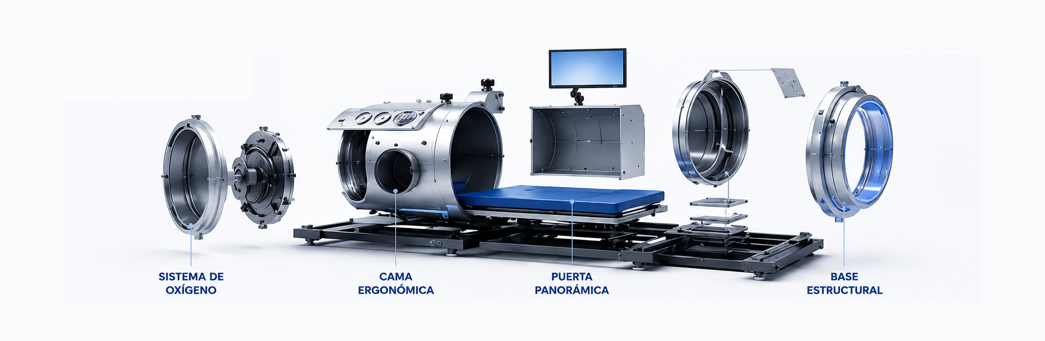 Vista despiezada de la cámara: sistema de oxígeno, cilindro hiperbárico, cama ergonómica, puerta panorámica, pantalla y base estructural